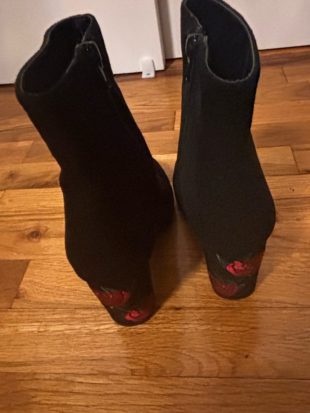 Black Suede Women’s Ankle Boots with Red Floral Embroidered Heels